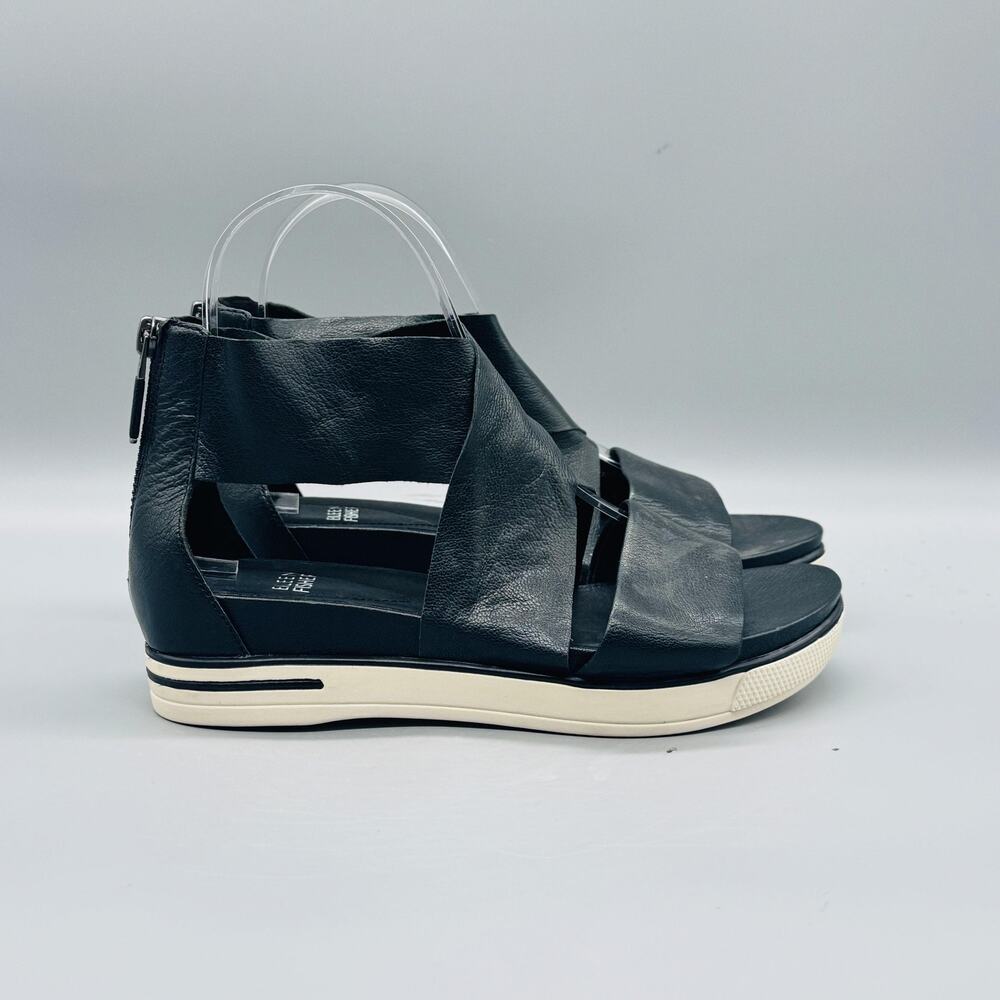 Eileen Fisher Sandals Womens 6 Black Leather Crisscross Wedge Back Zip Shoes